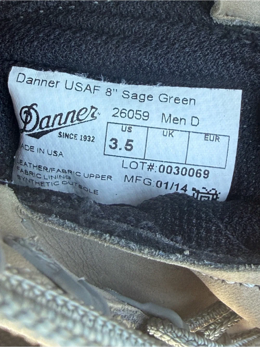 Danner USAF Military Boots Sage Green Gore-Tex Size 3.5 Men/5.5 Women 26059